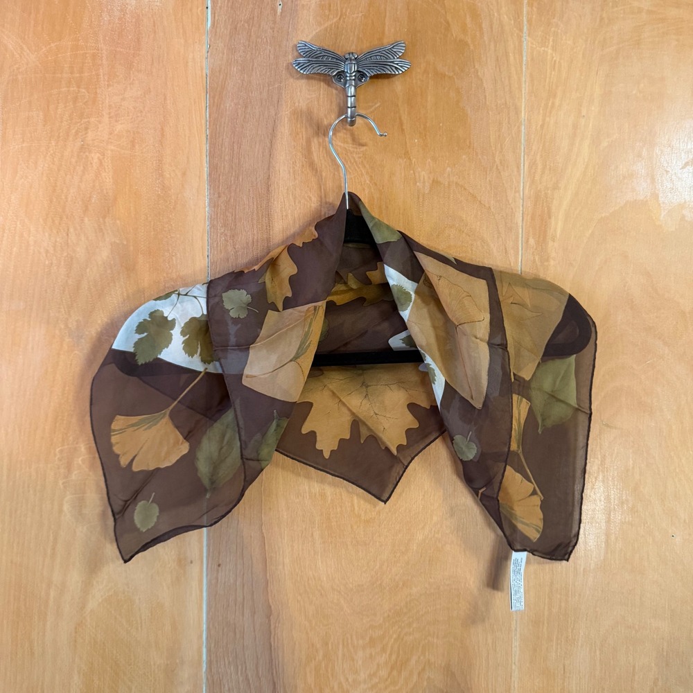 Elaine Gold Collection XIIX Silk Scarf Brown Botanical Autumn Leaf Print 21x20 - Picture 11 of 11